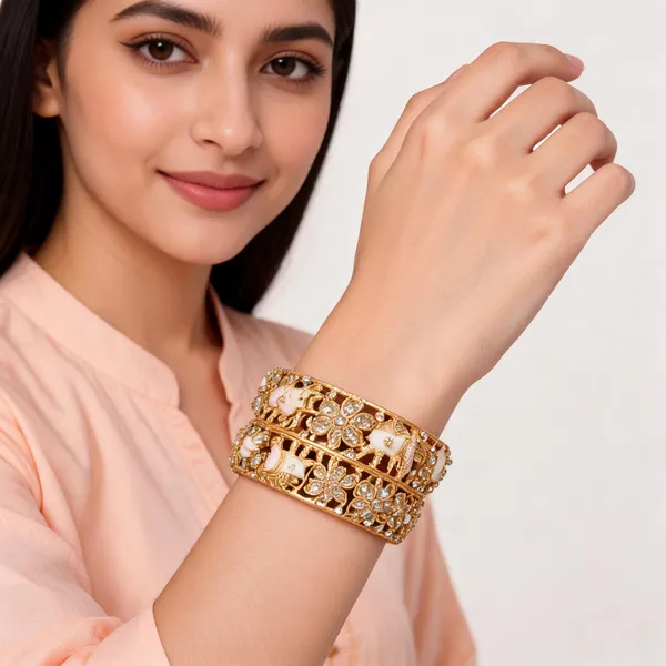 Gold_Metal_Kundan_Peacock_Floral_Enamel_Bangle_Set_For_Women
