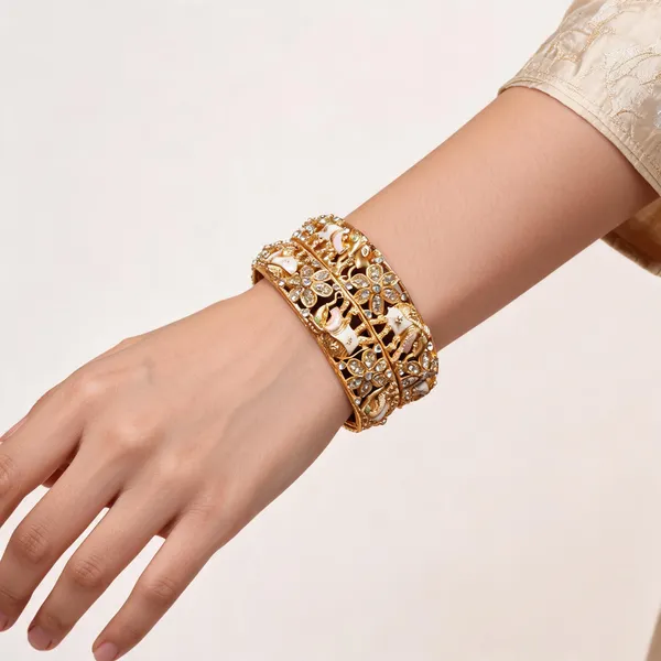 Gold_Metal_Kundan_Peacock_Floral_Enamel_Bangle_Set_For_Women