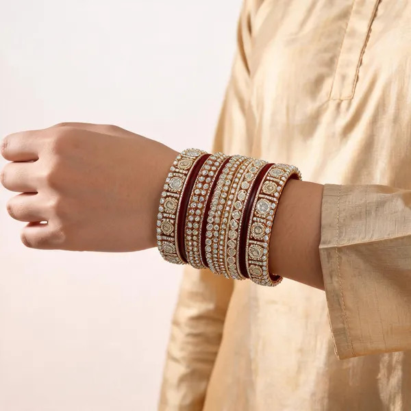 Maroon_Gold_Toned_Stone_Studded_Bridal_Bangle_Set_For_Women
