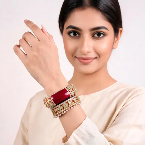 Red_Maroon_Gold_Kundan_Pearl_Elephant_Motif_Bridal_Bangle_Set_For_Women