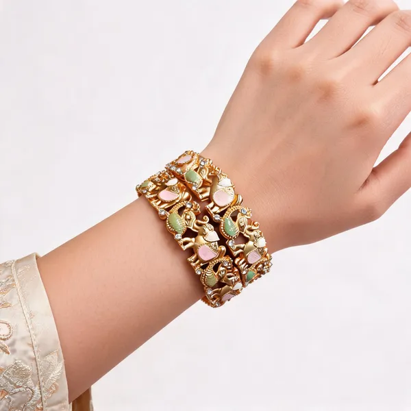 Gold_Metal_Elephant_Motif_Enamel_Stone_Bangles_For_Women