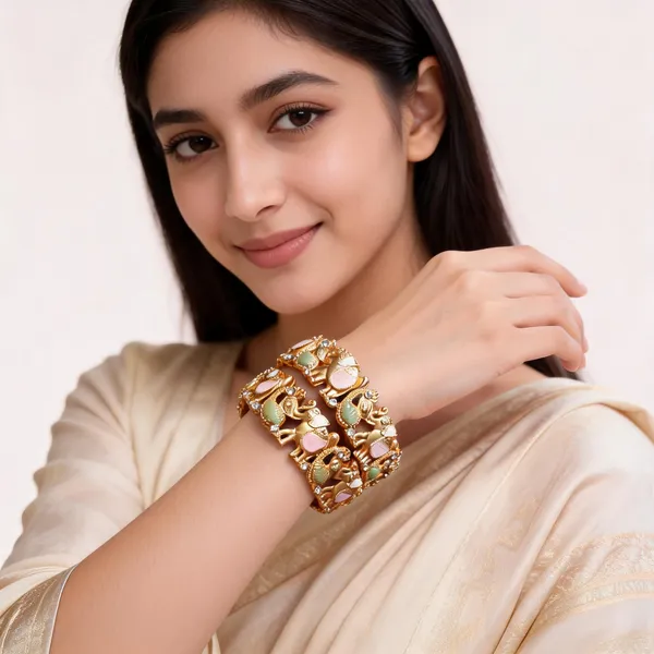 Gold_Metal_Elephant_Motif_Enamel_Stone_Bangles_For_Women