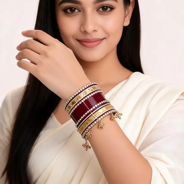 Maroon_Gold_Stone_Mirror_Chuda_Bridal_Bangle_Set_With_Kalire_For_Women