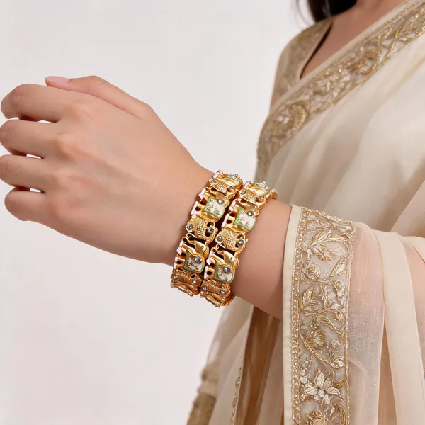 Gold_Metal_Elephant_Motif_Enamel_Stone_Studded_Bangles_For_Women