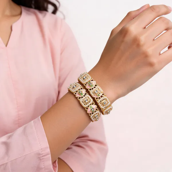 Gold_Metal_Kundan_Pearl_Enamel_Filigree_Bangle_Set_For_Women