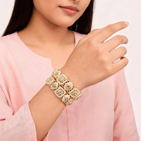 Gold_Metal_Kundan_Pearl_Enamel_Filigree_Bangle_Set_For_Women