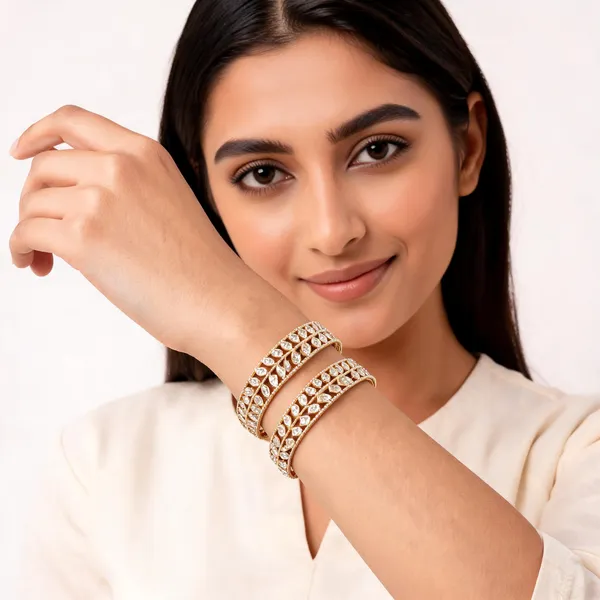 Gold_Metal_Leaf_Pattern_Stone_Studded_Bangles_For_Women