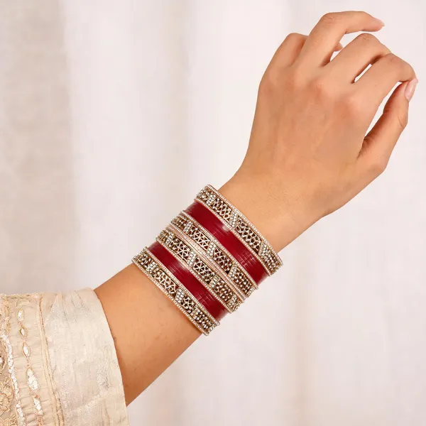 Maroon_Gold_Metal_Stone_Studded_Bridal_Chuda_Bangle_Set_For_Women