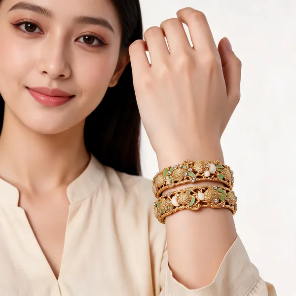 Gold_Metal_Floral_Enamel_Stone_Studded_Bangles_For_Women