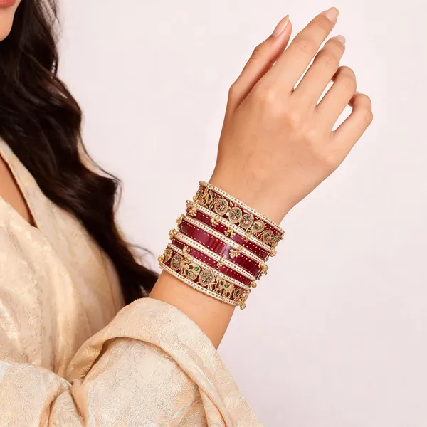 Maroon_Gold_Kundan_Elephant_Motif_Bridal_Kada_Bangle_Set_For_Women