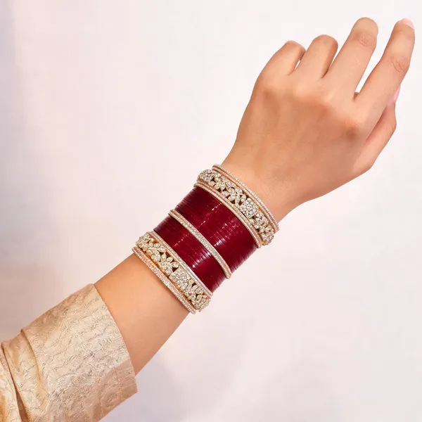 Maroon_Green_Gold_Enamel_Stone_Leaf_Bridal_Bangle_Set_For_Women