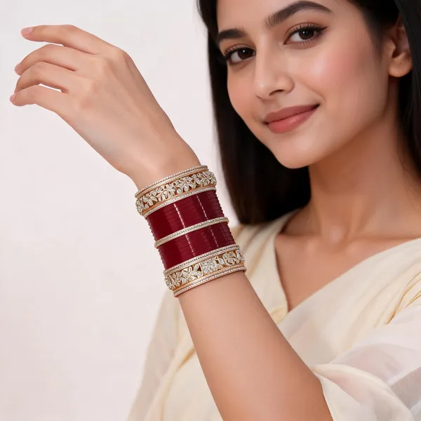 Maroon_Green_Gold_Enamel_Stone_Leaf_Bridal_Bangle_Set_For_Women