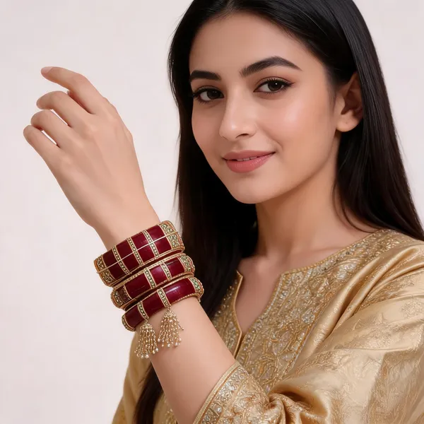 Maroon_Gold_Stone_Jhumka_Tassel_Chura_Bridal_Bangle_Set_For_Women