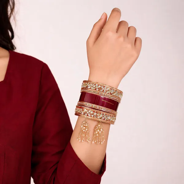 Maroon_Gold_Stone_Jhumka_Tassel_Chura_Bridal_Bangle_Set_For_Women