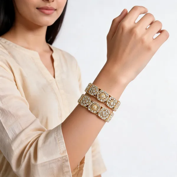 Gold_Metal_Floral_Geometric_Stone_Cluster_Bangles_For_Women