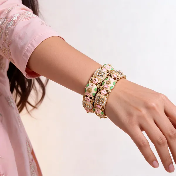 Gold_Metal_Pink_Meenakari_Kundan_Pearl_Bangles_For_Women
