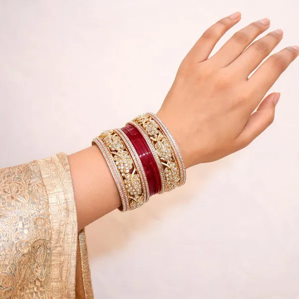 Maroon_Gold_Stone_Floral_Studded_Bridal_Chura_Bangle_Set_For_Women