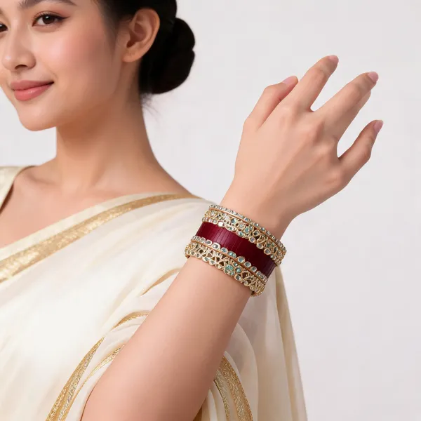 Maroon_Velvet_Kundan_Stone_Bridal_Kada_Bangle_Set_For_Women