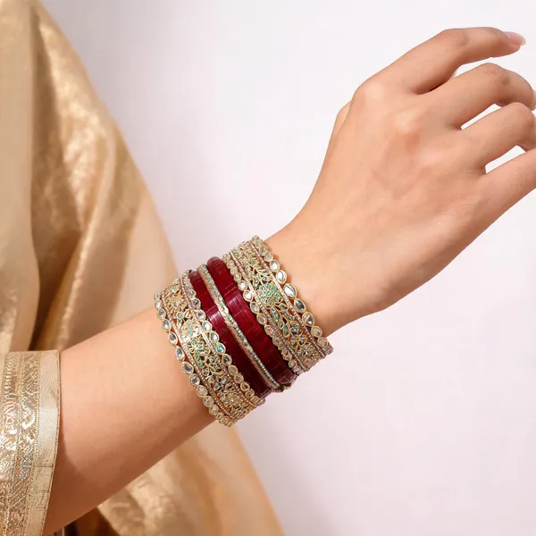 Maroon_Velvet_Kundan_Stone_Bridal_Kada_Bangle_Set_For_Women