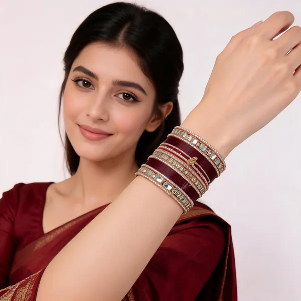 Maroon_Gold_Lac_Mirror_Kundan_Bridal_Bangle_Set_For_Women