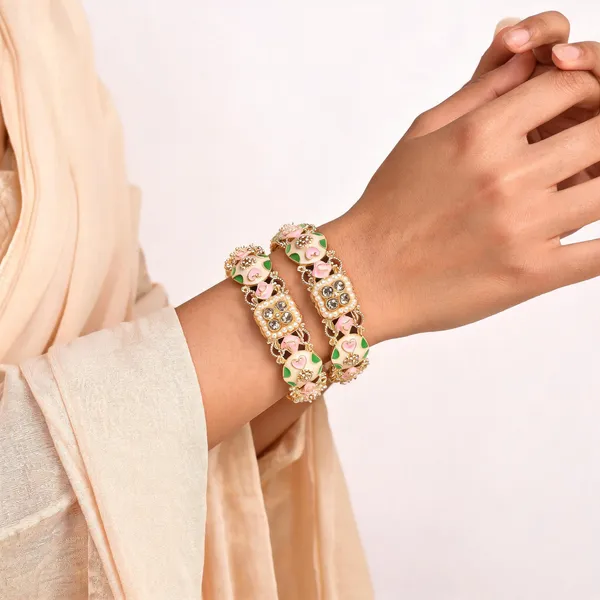 Gold_Metal_Pink_Floral_Kundan_Enamel_Bangles_For_Women