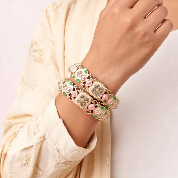 Gold_Metal_Pink_Floral_Kundan_Enamel_Bangles_For_Women