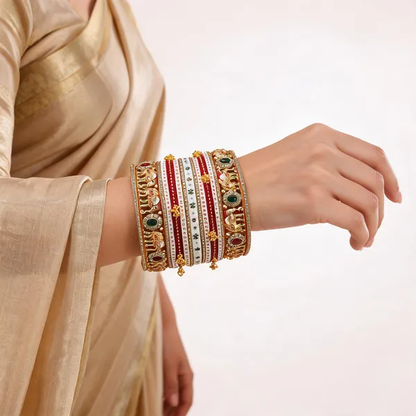 Gold_Enamel_Elephant_Motif_Bridal_Bangle_Set_For_Women