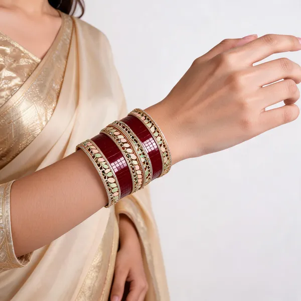 Maroon_Gold_Kundan_Leaf_Motif_Bridal_Bangle_Set_For_Women