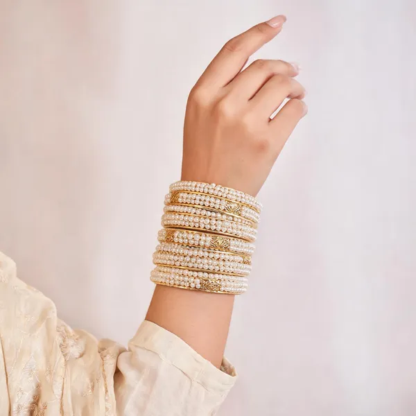 Gold_Metal_White_Pearl_Beaded_Bangles_For_Women