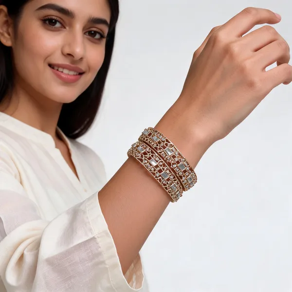 Gold_Metal_Kundan_Floral_Lattice_Bangle_Set_For_Women