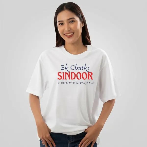 White_Pure_Cotton_Ek_Chutki_sindoor_he_Hindi_Quote_Graphic_T-Shirt_For_Women