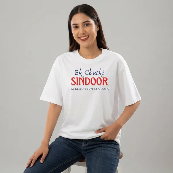 White_Pure_Cotton_Ek_Chutki_sindoor_he_Hindi_Quote_Graphic_T-Shirt_For_Women