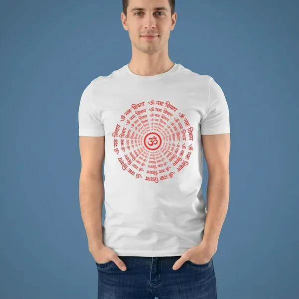 White_Pure_Cotton_Regular_Fit_Om_Namah_Shivaya_Spiral_Print_T-Shirt_For_Men