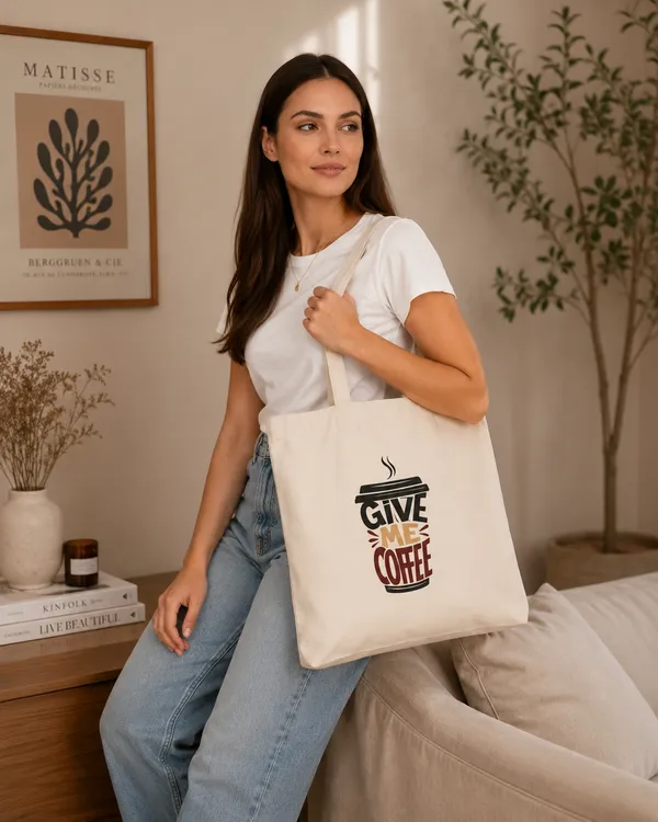Esycarry_Coffee_Printed_Cotton_Canvas_Tote_Bag_With_Zipper_Pouch