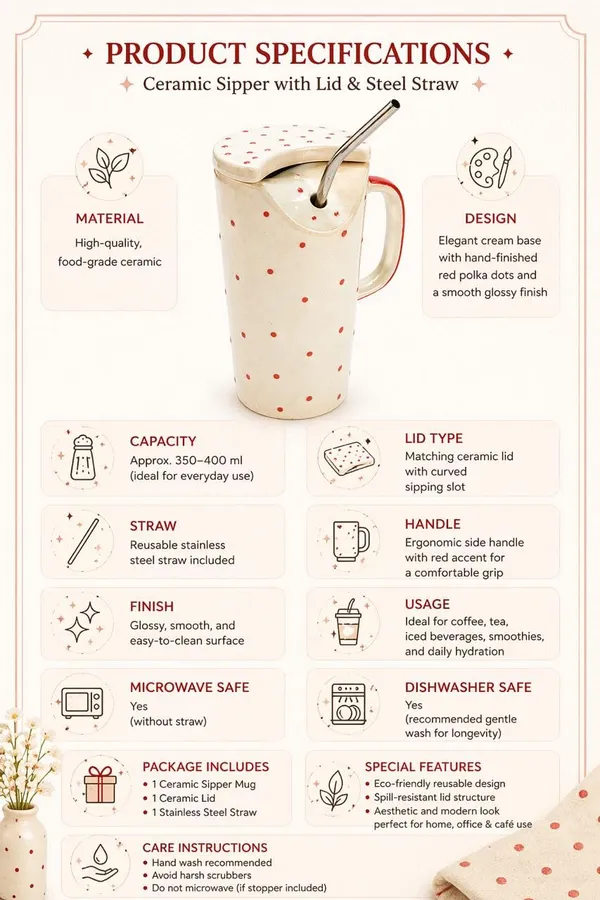 Ceramic_Sipper_Mug_With_Lid_And_Steel_Straw_Polka_Dot_Beige_With_Red_Dots_Microwave_And_Dishwasher_Safe_For_Home_Office_And_Gifting