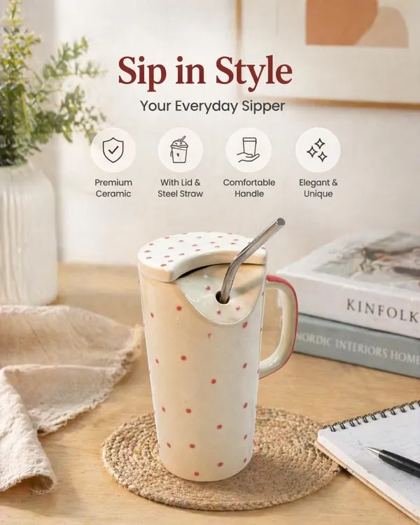 Ceramic_Sipper_Mug_With_Lid_And_Steel_Straw_Polka_Dot_Beige_With_Red_Dots_Microwave_And_Dishwasher_Safe_For_Home_Office_And_Gifting