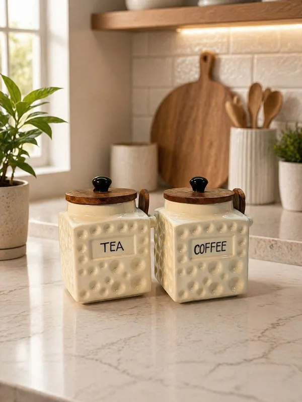Tea_Coffee_Jar_Set_Of_2_Ceramic_Kitchen_Storage_Containers_With_Airtight_Wooden_Lid_Spoon_Decorative_Countertop_Canisters_For_Tea_Coffee_Dry_Storage_500_Ml