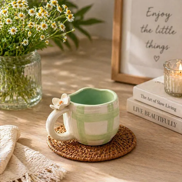Handcrafted_Ceramic_Coffee_Mug_With_3d_Flower_Handle_Green_Checkered_350ml_Microwave_Dishwasher_Safe_For_Home_Office