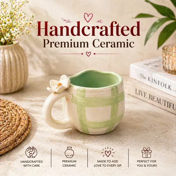 Handcrafted_Ceramic_Coffee_Mug_With_3d_Flower_Handle_Green_Checkered_350ml_Microwave_Dishwasher_Safe_For_Home_Office