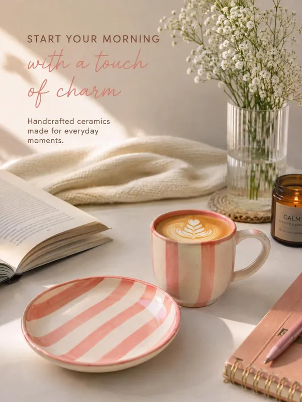 Handcrafted_Ceramic_Cup_&_Saucer_Set_|_220_ml
Coffee_Mug_with_Matching_Saucer_|_Pink_&_Cream_Hand-Painted_Striped_Design_|_Microwave_&_Dishwasher_Safe_|_Tea,_Coffee,_Latte_&_Cappuccino
Cups_|