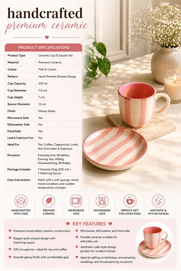 Handcrafted_Ceramic_Cup_&_Saucer_Set_|_220_ml
Coffee_Mug_with_Matching_Saucer_|_Pink_&_Cream_Hand-Painted_Striped_Design_|_Microwave_&_Dishwasher_Safe_|_Tea,_Coffee,_Latte_&_Cappuccino
Cups_|