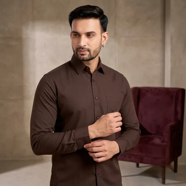 Premium_&_Soft_Brown_Cotton_Satin_Solid_Semi_Formal_Shirt_For_Men