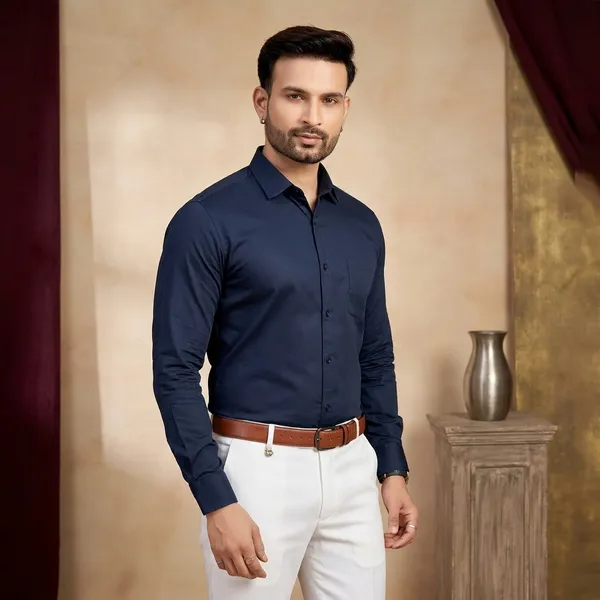 Premium_&_Soft_Dark_Blue_Cotton_Sotin__Semi_Formal_Shirt_For_Men