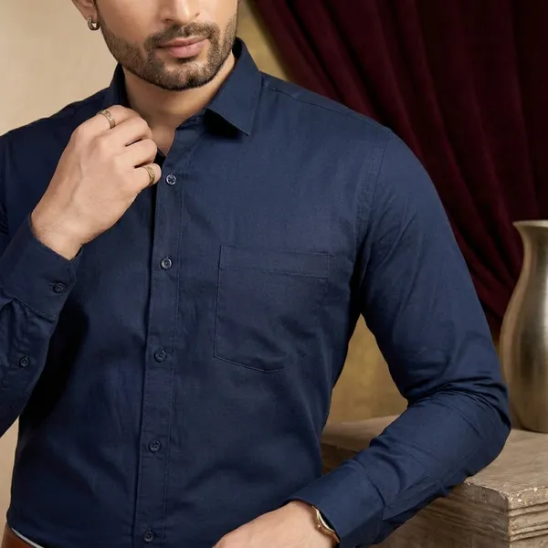 Premium_&_Soft_Dark_Blue_Cotton_Sotin__Semi_Formal_Shirt_For_Men