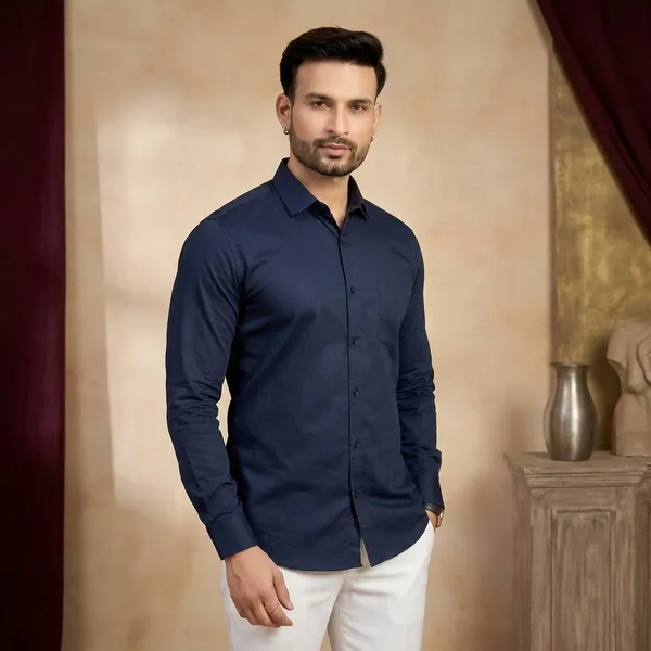 Premium_&_Soft_Dark_Blue_Cotton_Sotin__Semi_Formal_Shirt_For_Men