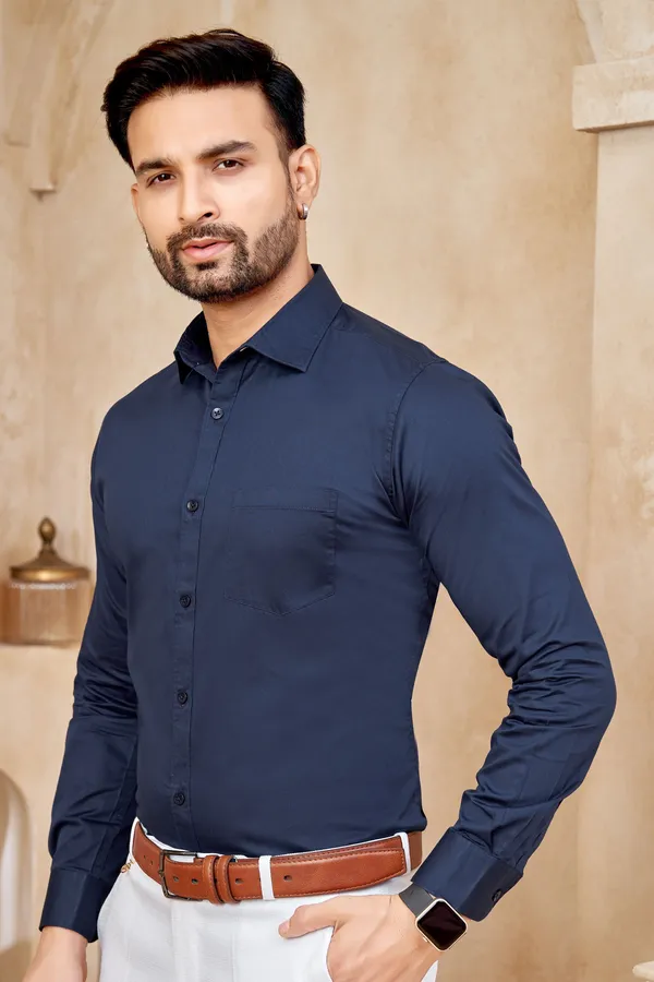 Premium_&_Soft_Dark_Blue_Cotton_Sotin__Semi_Formal_Shirt_For_Men