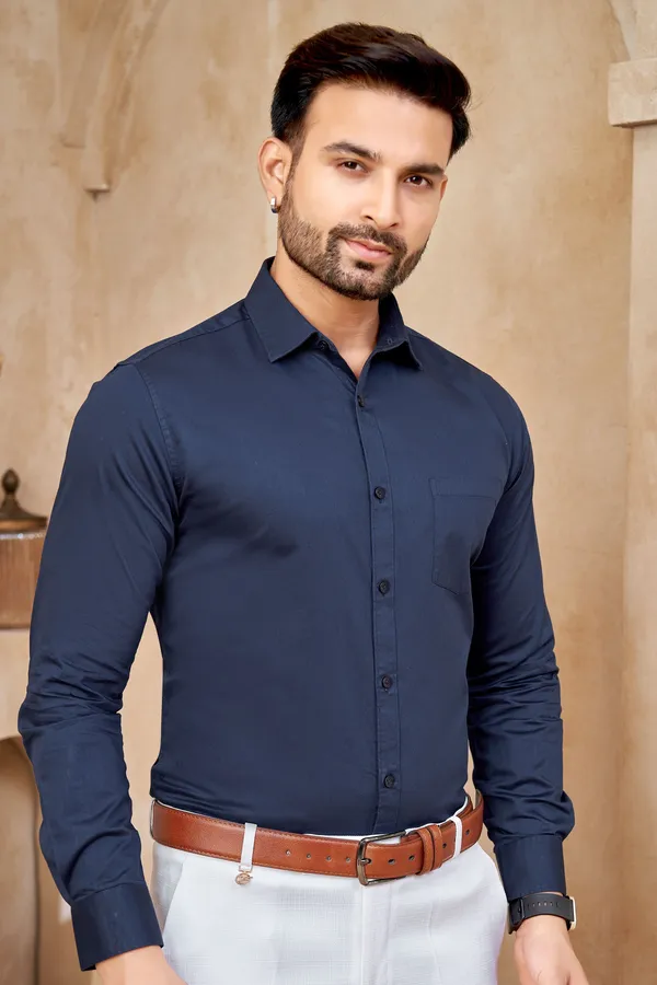 Premium_&_Soft_Dark_Blue_Cotton_Sotin__Semi_Formal_Shirt_For_Men