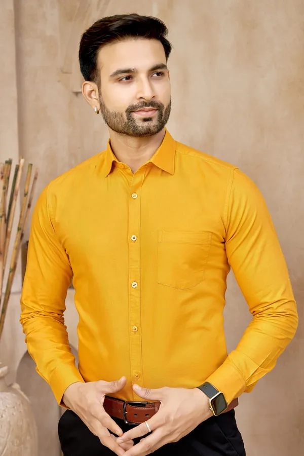 Premium_&_Soft_Yellow_Cotton_Solid_Semi_Formal_Shirt_For_Men
