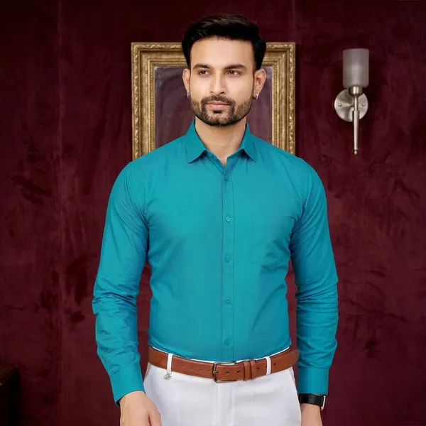 Premium_&_Soft_Blue_Cotton_Satin_Solid_Semi_Formal_Shirt_For_Men