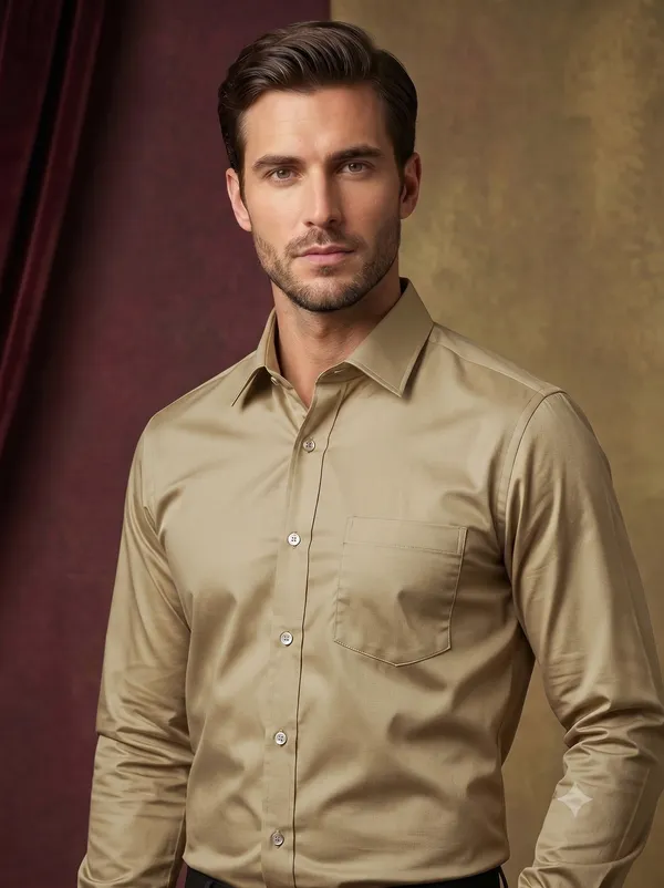 Premium_&_Soft_Beige_Cotton_Satin_Semi_Formal_Shirt_For_Men